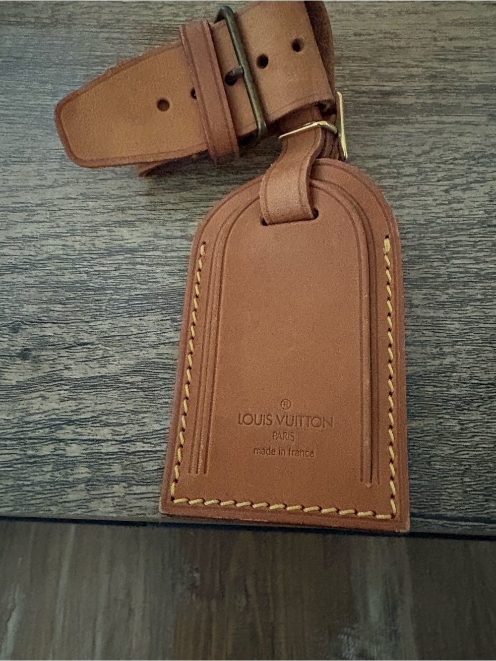 Louis Vuitton Tan Leather Luggage Tag with Yellow Stitching and 2 Locks and Keys